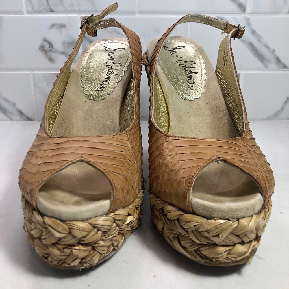 Vintage 90’s Sam Edelman Snake/Raffia Platform Slingback Espadrille Wedge Sz 7